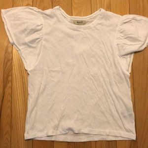 Madewell basic white tee with ruffled sleeves.